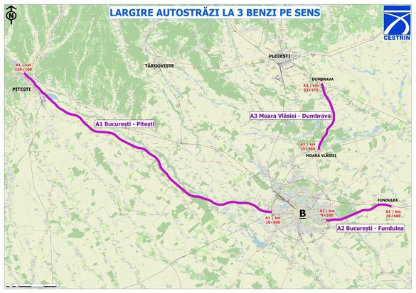 HARTĂ Trei autostrăzi vor fi lărgite la trei benzi. A1 București - Pitești va fi extinsă la 3 benzi pe toată lungimea sa