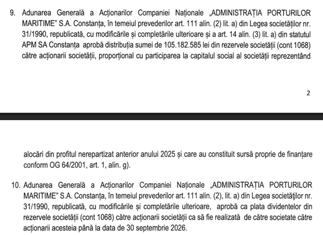DOCUMENT Ministerul Transporturilor și Fondul Proprietatea vor încasa peste 105 milioane de lei de la Administrația Porturilor Maritime Constanța