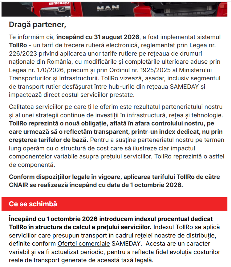 FOTO Sameday anunță că majorează tarifele. Mesaj către clienți. Compania introduce tariful de trecere rutieră TollRo în structura de cost
