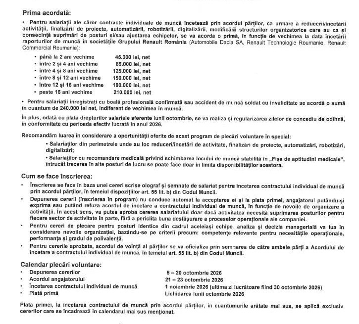 ULTIMA ORĂ Plecări voluntare la Dacia. Angajații, invitați să plece prin compensații record