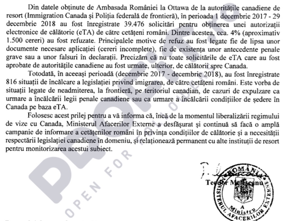 DOCUMENT Aproape 40.000 de români au cerut autorizație de intrare în Canada în primul an de la ridicarea vizelor. Circa 4% au fost refuzați, inclusiv pentru antecedente penale grave și falsuri