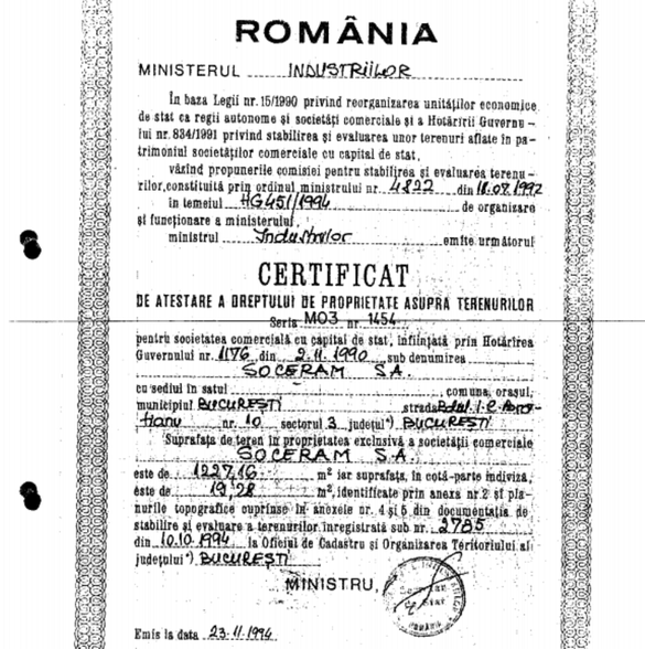 Soceram caută bănci și societăți de leasing pentru 22 milioane euro. Compania a revenit pe profit după 5 ani și a vândut Primăriei Capitalei primul sediu istoric al BNR cu aproape 4 milioane euro