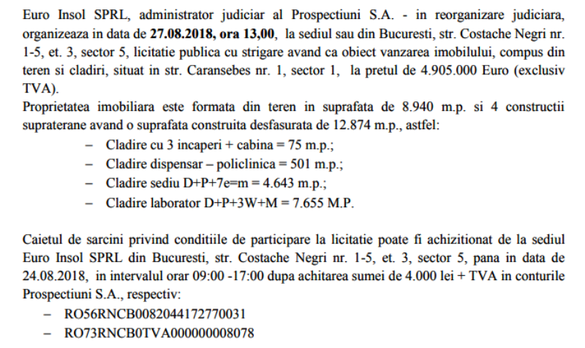 FOTO Prospecțiuni SA a lui Tender își vinde sediul central din București cu discount semnificativ, sub valoarea de lichidare