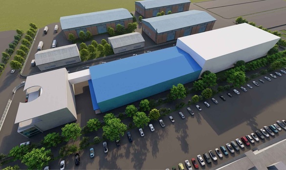 Clădirea albastră, este cea existentă, și în continuarea ei se propune hala de producție Clădirea albastră, este cea existentă, și în continuarea ei se propune hala de producție