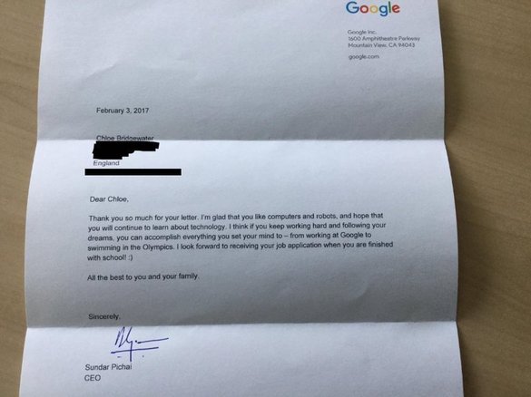 FOTO Sundar Pichai, CEO-ul Google, a răspuns unei scrisori ce i-a fost adresată de o fetiță în vârstă de șapte ani