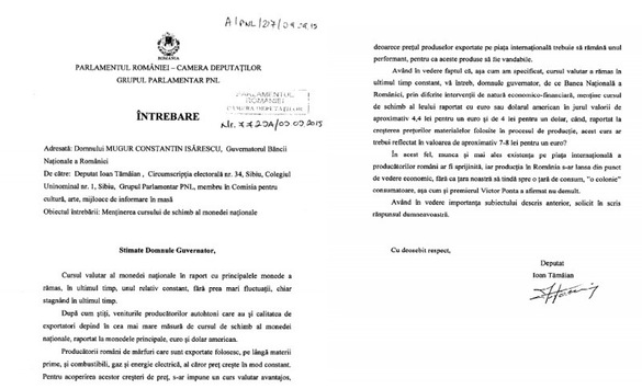 Un deputat PNL, artist și exportator, i-a scris lui Isărescu să lase moneda națională să se deprecieze până la 8 lei/euro