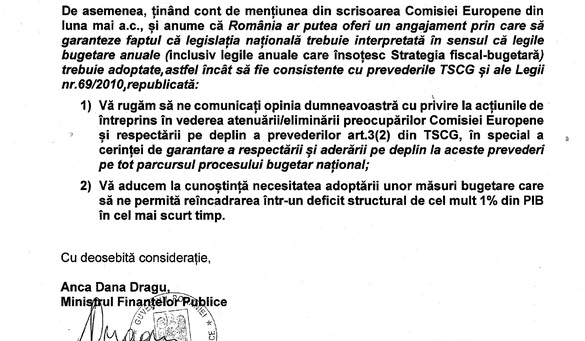 DOCUMENT Dragu către parlamentari: Sunt necesare măsuri bugetare de reîncadrare în deficitul de 1% din PIB