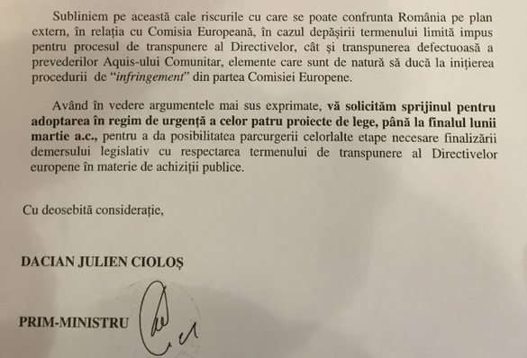 DOCUMENT Achizițiile publice, extremă urgență: Cioloș cere parlamentarilor să aprobe ACUM noile legi 