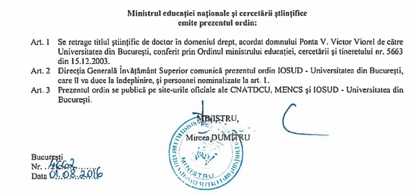 FOTO Ponta nu mai este doctor în drept. Ministrul Educației a semnat decretul de retragere a titlului