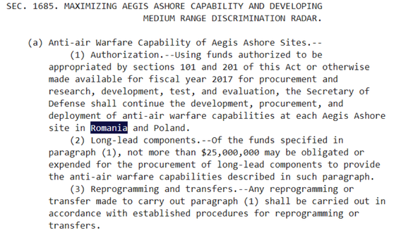 Fragment din Legea bugetului apărării SUA pe anul fiscal 2017 (cel tocmai încheiat, octombrie 2016-septembrie 2017)