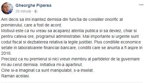 Avocatul Piperea a demisionat din postul de consilier onorific al premierului Mihai Tudose, după ce l-a atacat pe liderul PSD, Liviu Dragnea
