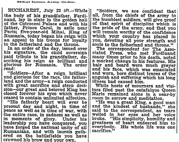 FOTO ARHIVĂ Rememorare istorică prin lentila presei americane. Monarh la 5 ani: prima încoronare a regelui Mihai, de după moartea bunicului său Ferdinand. VIDEO Ultimul discurs al Regelui: România - țară luată cu împrumut de la copii 