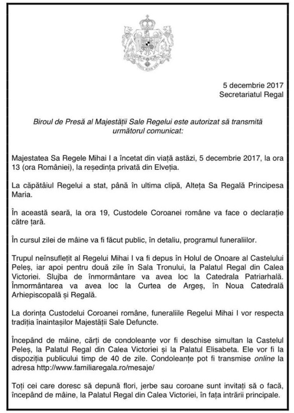 Guvernul declară 3 zile de doliu național, pe 14-16 decembrie, după moartea Regelui Mihai