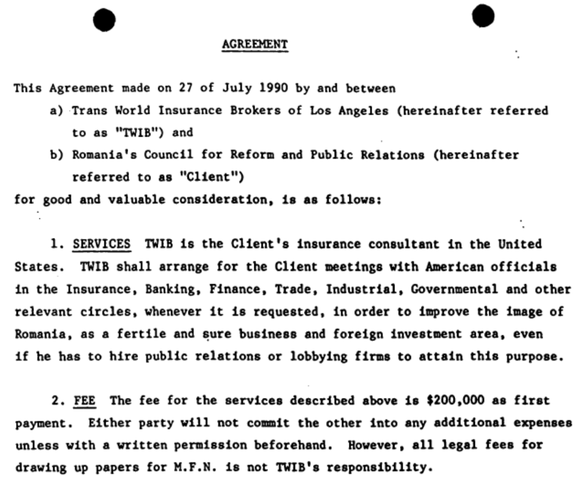 DOCUMENTE MINERIADĂ Primul contract de lobby la Washington al României de după Revoluție. Regimul Iliescu-Roman a plătit 200.000 de dolari unui broker de asigurări din Beverly Hills pentru a-și 