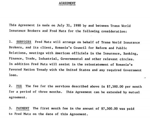 DOCUMENTE MINERIADĂ Primul contract de lobby la Washington al României de după Revoluție. Regimul Iliescu-Roman a plătit 200.000 de dolari unui broker de asigurări din Beverly Hills pentru a-și 