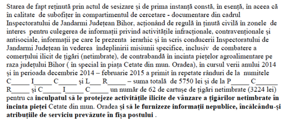 EXCLUSIV DOCUMENT Primul inculpat într-un caz de corupție achitat pe motivul presupusei ilegalități a protocolului secret de cooperare Parchet-SRI: un jandarm condamnat în primă instanță pentru luare de mită