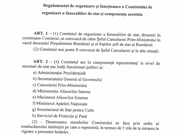 DOCUMENT Guvernul reglementează funeraliile de stat pentru foști președinți