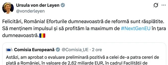FOTO Ursula von der Leyen, către români: Felicitări, eforturile voastre de reformă sunt răsplătite!