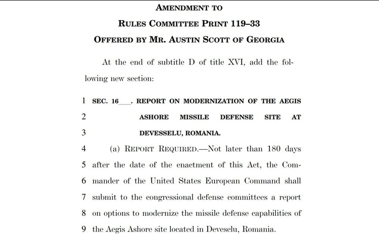 DOCUMENT Scutul de la Deveselu: Un congressman republican a propus modernizarea, inclusiv cu capacități anti-dronă, ca amendament la bugetul de apărare al SUA. Lobby făcut de un think-tank pro-Ucraina, pro-Israel și anti-Iran