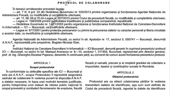 DOCUMENT Protocolul care permite Fiscului acces rapid la datele de identitate a proprietarilor domeniilor.ro, aplicat de astăzi. Actul - semnat imediat după schimbarea ministrului care s-a opus