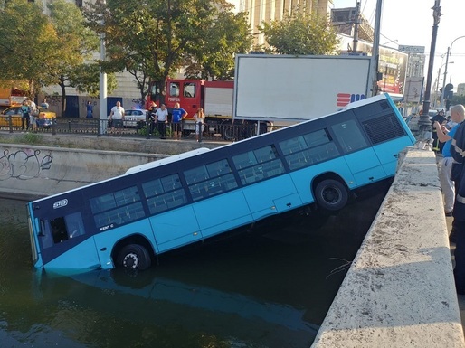 GALERIE FOTO Un autobuz STB a căzut în Dâmbovița, accident cu un autoturism