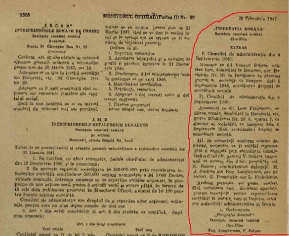 Hotărâre a Consiliului de Administrație al societății Cinegrafia Română, publicată în Monitorul Oficial al României nr. 49 din 28 februarie 1947