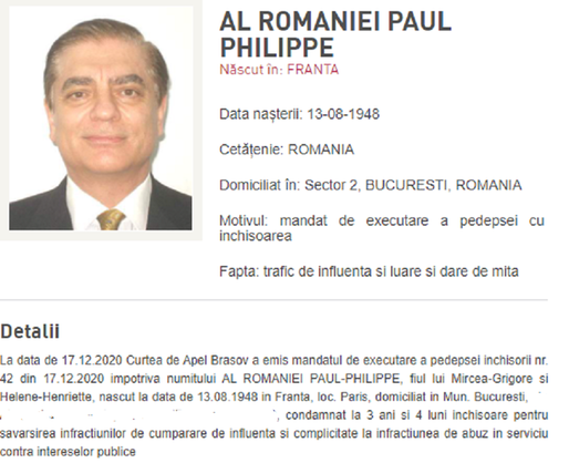 Prințul Paul, pe lista persoanelor date în urmărire de pe site-ul Poliției Române