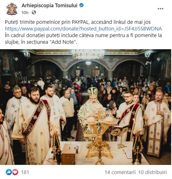 Arhiepiscopia Tomisului INEDIT: Pot fi trimise pomelnice prin PayPal, odată cu donațiile