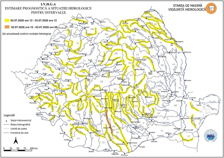 HARTA Alertă Hidro. Risc de inundații în 37 de județe