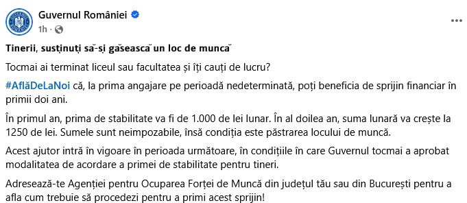 FOTO Postare pe Facebook ștearsă de Guvernul României: Tinerii sunt susținuți de stat să își găsească un loc de munca.