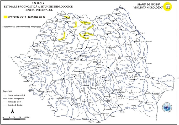 ANUNȚ Cod galben de furtuni și ploi torențiale. Zonele afectate. Viituri și posibile inundații în nord