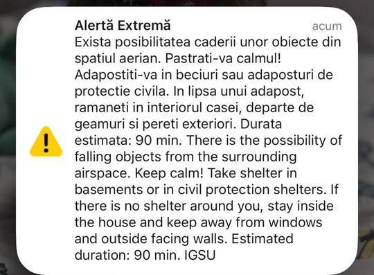 Mesaj RO-Alert - Locuitorii din nordul județului Tulcea, avertizați în legătură cu posibilitatea căderii unor obiecte