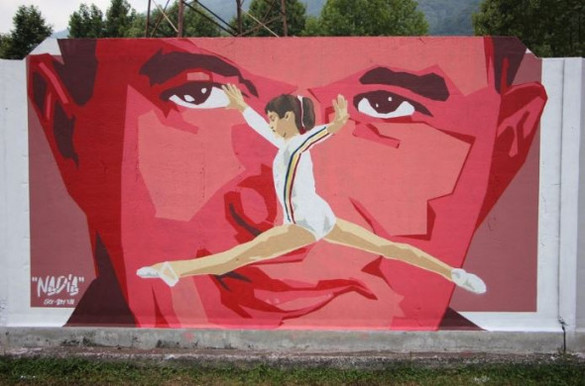 FOTO O pictură murală, cu Ceaușescu, care o reprezintă pe Nadia Comăneci i-a scandalizat pe românii din Italia: ”Nu poate fi acceptată!”