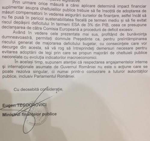 DOCUMENT Teodorovici avertizează parlamentarii să se abțină de la măsuri sociale, deficit în pericol
