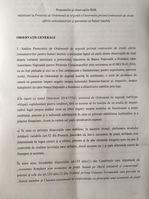 DOCUMENT BNR se opune, la Guvern, proiectului privind contractele de credit oferite consumatorilor