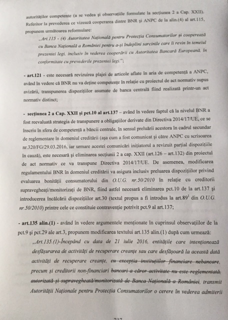 DOCUMENT BNR se opune, la Guvern, proiectului privind contractele de credit oferite consumatorilor