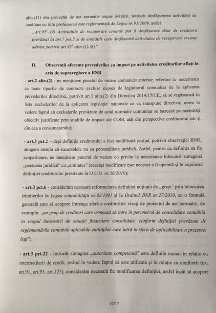 DOCUMENT BNR se opune, la Guvern, proiectului privind contractele de credit oferite consumatorilor