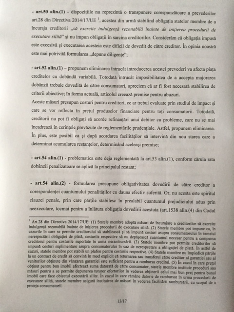 DOCUMENT BNR se opune, la Guvern, proiectului privind contractele de credit oferite consumatorilor