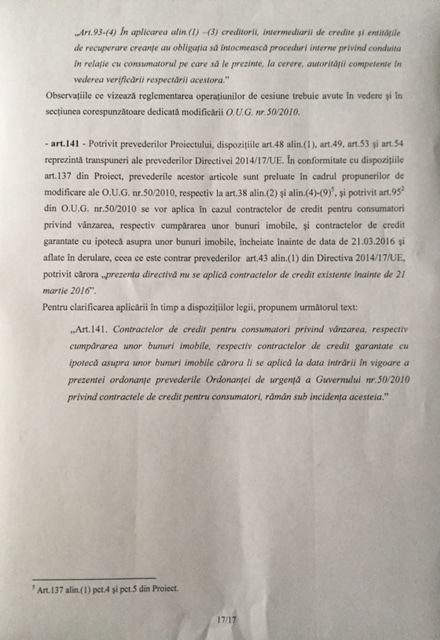 DOCUMENT BNR se opune, la Guvern, proiectului privind contractele de credit oferite consumatorilor