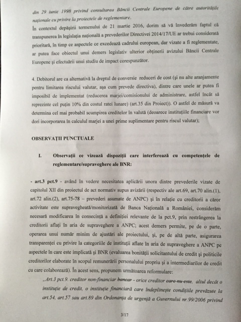 DOCUMENT BNR se opune, la Guvern, proiectului privind contractele de credit oferite consumatorilor