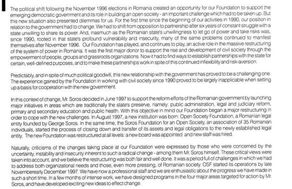 Fragment din preambulul primului raport anual al Fundației pentru o Societate Deschisă, pe anul 1997