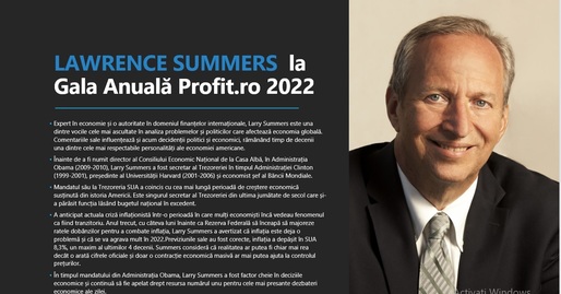ASTĂZI Gala Profit.ro - Premii speciale, într-un an special. Lawrence Summers, fost secretar al Trezoreriei SUA, președinte al Universității Harvard și economist șef al Băncii Mondiale, deschide Gala