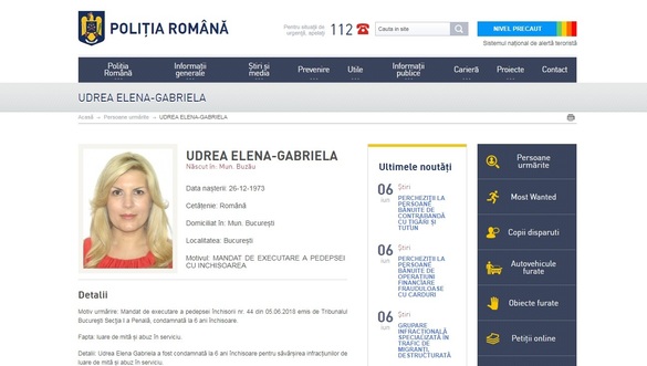 FOTO Elena Udrea apare pe site-ul Poliției Române ca persoană urmărită
