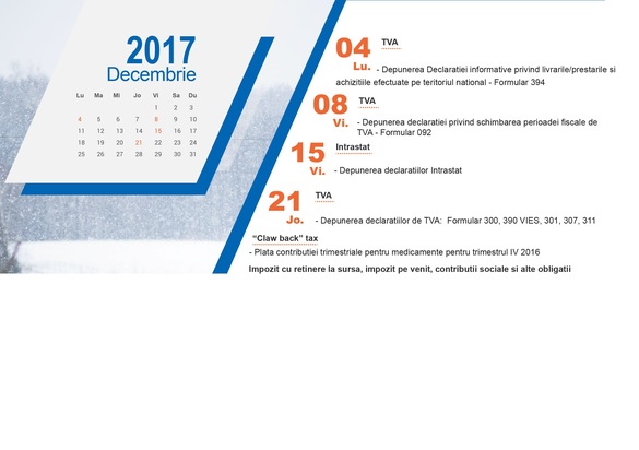 Calendarul fiscal al lunii decembrie - termenul de depunere a declarațiilor din data de 25 ale lunii va fi modificat