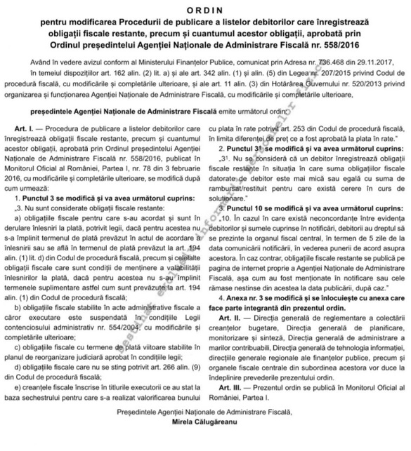 DOCUMENT Noua regulă a Fiscului: Firmele și persoanele fizice nu vor mai fi incluse de Fisc pe lista datornicilor cu o condiție