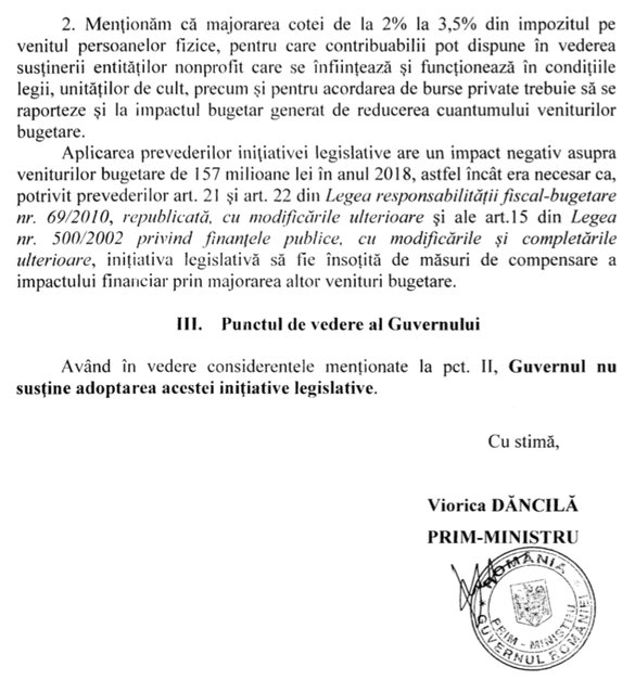 DOCUMENT Guvernul Dăncilă se opune majorării de la 2% la 3,5% a cotei din impozit pentru ONG-uri, invocând un impact de 157 milioane lei la buget