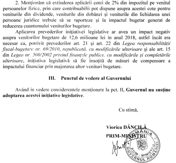 DOCUMENT Guvernul Dăncilă se opune majorării de la 2% la 3,5% a cotei din impozit pentru ONG-uri, invocând un impact de 157 milioane lei la buget