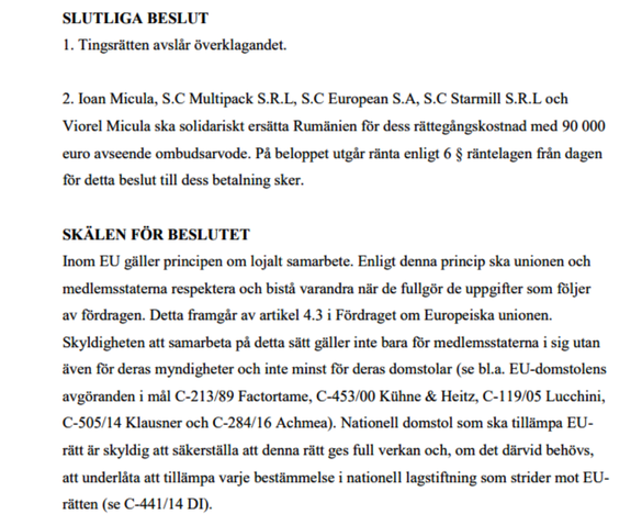 DOCUMENT România a obținut o victorie în deplasare la Stockholm în meciul juridic de un sfert de miliard de dolari cu frații 