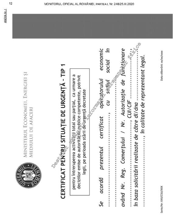 DOCUMENT Certificatul de Situație de Urgență este în două culori, Albastru și Galben. Ordinul pentru acordarea certificatului, care permite firmelor să-și trimită angajații în șomaj tehnic plătit de stat