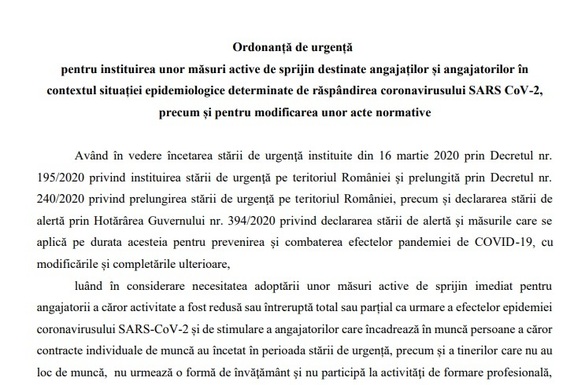 DOCUMENT Măsurile pregătite de Guvern - acoperirea parțială a salariilor, subvenție de 500 euro pentru anumite angajări, indemnizație de șomaj tehnic menținută pentru domenii cu restricții